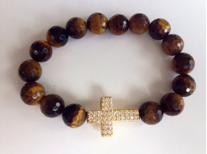 Vermeil Gold sideway cross with 12mm tiger eye beads