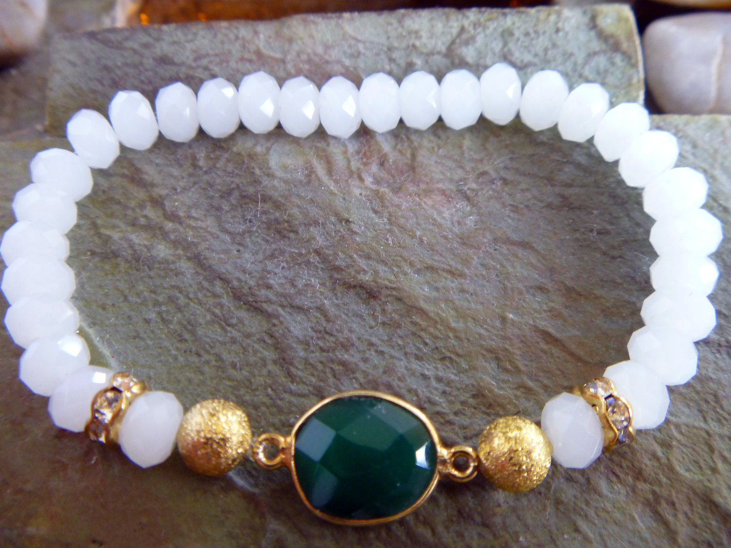 Emerald Green Swarovski Link with 6mm white beads