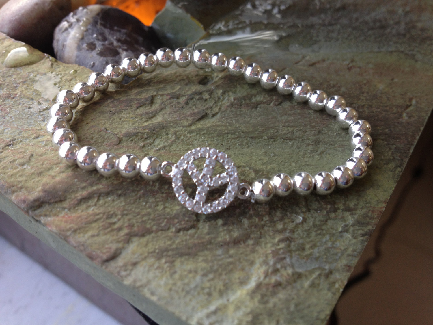 Sterling Silver CZ Peace Sign with 4mm sterling silver beads